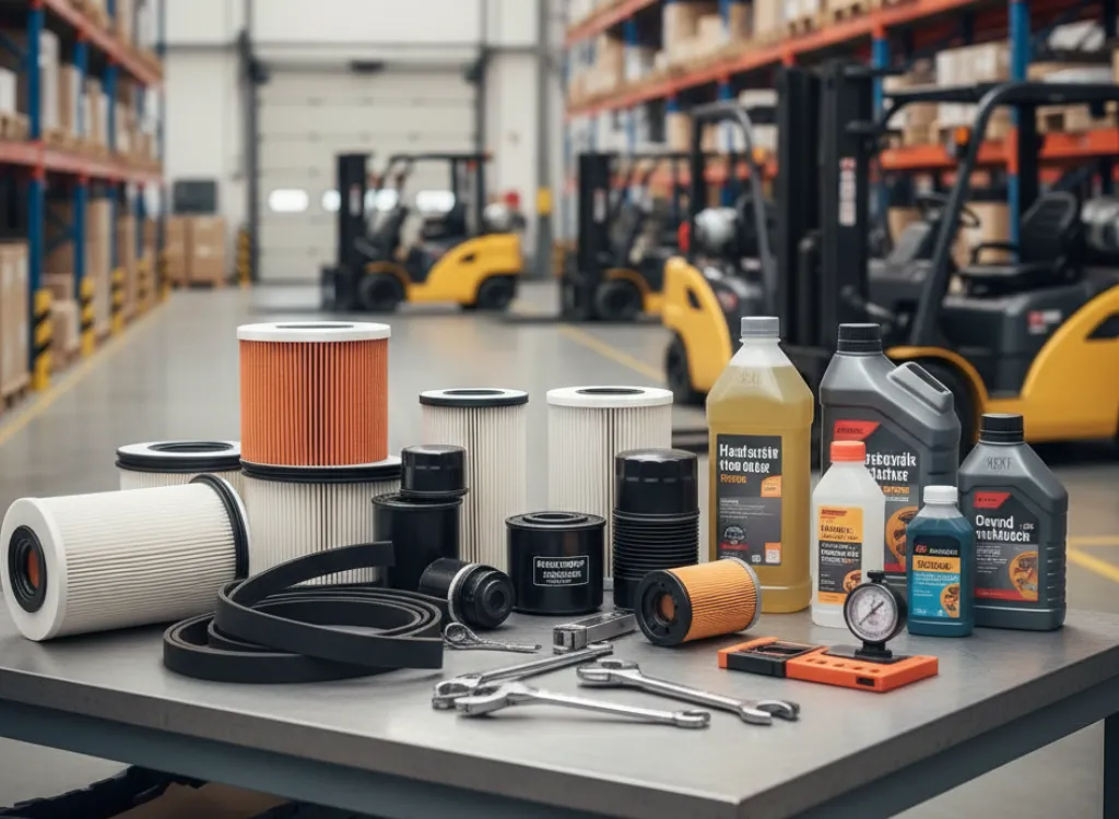 Forklift parts Calgary displayed on a table in a warehouse setting
