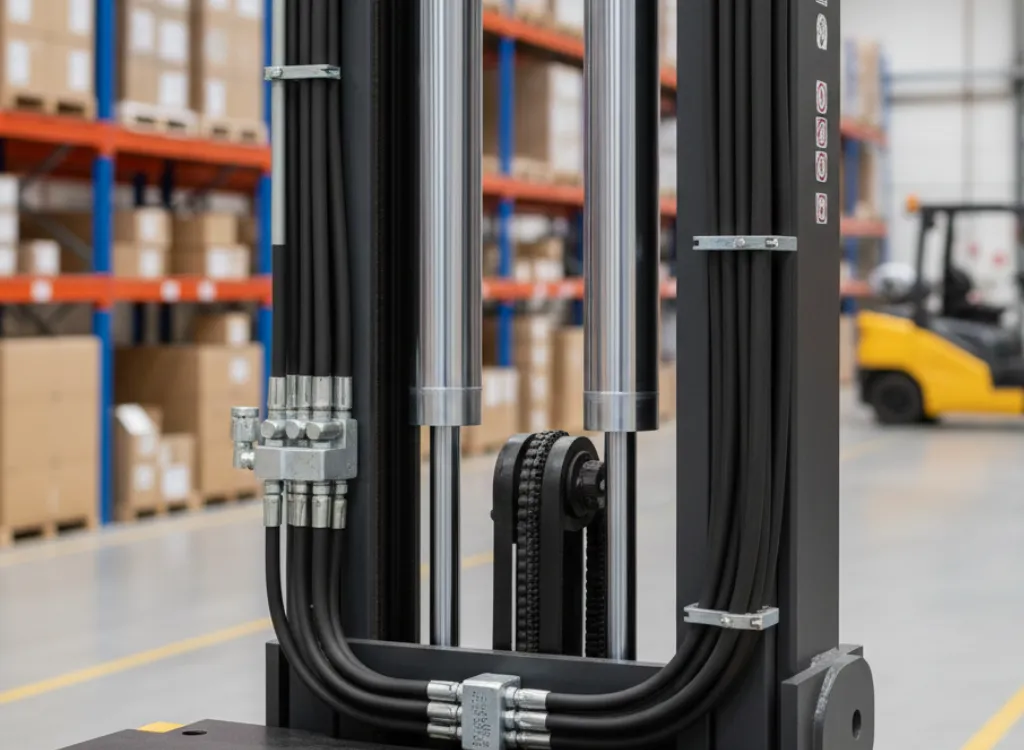 Forklift parts Calgary displayed in a warehouse with hydraulic lift equipment and boxes