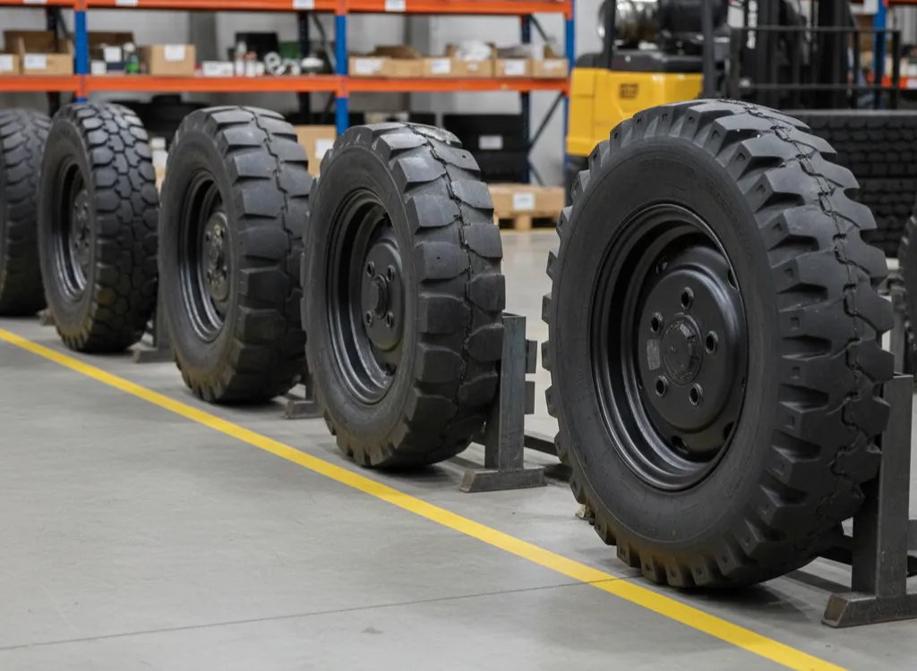 Forklift parts Calgary displayed with three large black tires on a warehouse floor