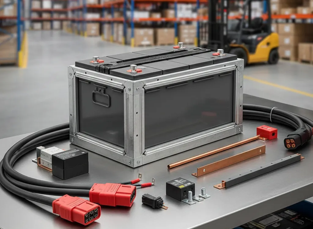 Forklift parts Calgary include a large battery with electrical components and connectors on a table