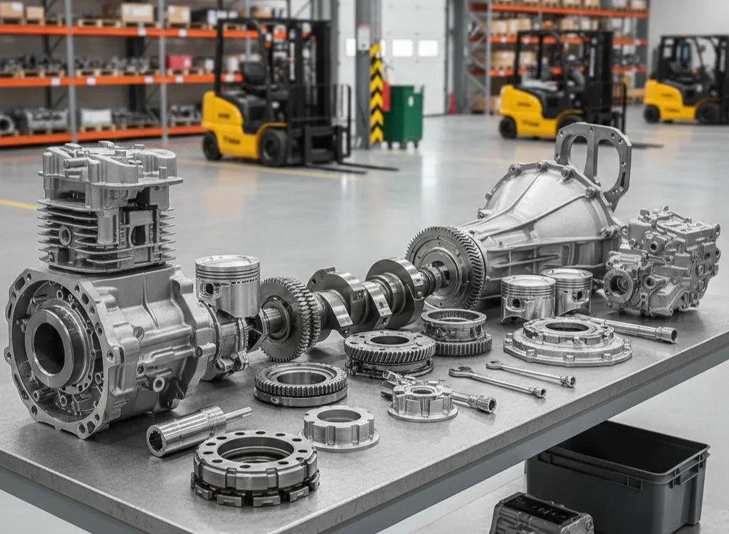 Forklift parts Calgary arranged neatly on a worktable in a warehouse